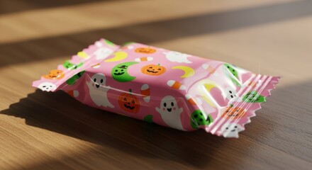 Halloween candy treat wrapped in festive spooky pink pattern paper
