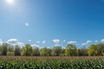 Springtime scene with young cornfields under a clear blue sky