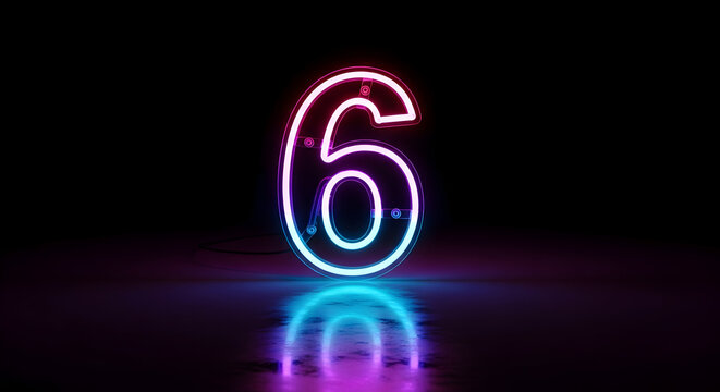 Neon-glowing number “6” on a reflective dark surface with purple and blue lighting — modern numeric display and neon sign aesthetic