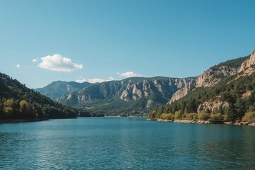 Clear blue skies and a beautiful scenery surround the El Atazar Reservoir.