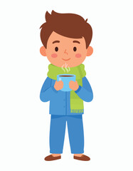 Obraz premium Cartoon boy in pajamas, holding a steaming mug, wearing a green scarf.