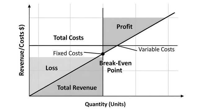 Break-even analysis chart illustrating fixed costs, variable costs, total costs and profit lines crossing at the break-even point on a quantity vs revenue/costs graph