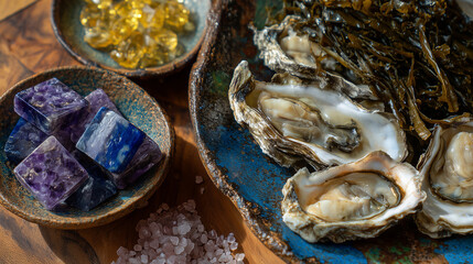 Flat lay of fresh seafood including oysters, shrimp, and seaweed sheets arranged on a rustic wooden table, small glass bottles of iodine supplements and salt crystals scattered art