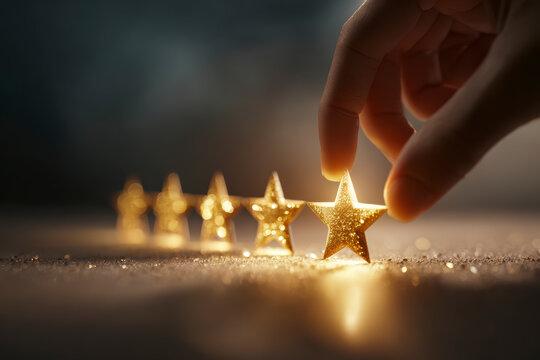 A hand placing the fifth in a line of glittering gold stars, representing excellence and quality.