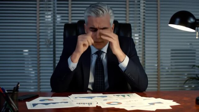 Stressed businessman reviewing financial reports in dark office