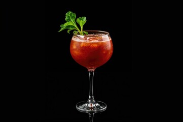 Cocktail Bloody Mary served in a glass against a dark backdrop.