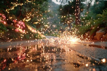 Captivating Sparkles from Fireworks Reflected on Wet Asphalt Road with Lush Greenery and Soft Bokeh Lights in the Background during a Festive Evening