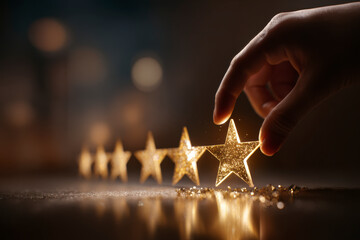 Hand placing a sparkling gold star in a row, symbolizing excellence, top rating, and customer satisfaction.
