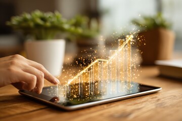 Digital Transformation and Business Growth Concept with Touchscreen, Financial Data, and Growth Chart in a Modern Workspace with Green Plants and Warm Lighting