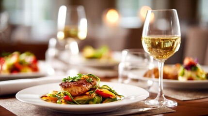 A beautifully presented dish of grilled fish with a glass of white wine.