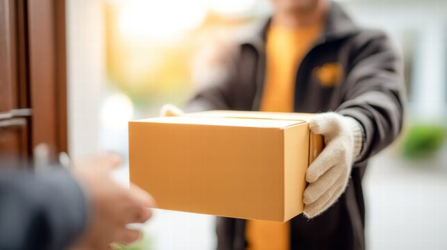 A delivery person hands a package to a recipient, representing fast and reliable delivery service.