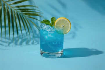 Refreshing azure cocktail garnished with mint and lemon on a light blue backdrop with tropical foliage. Modern artistic theme. Blue lagoon drink featuring curacao liqueur.