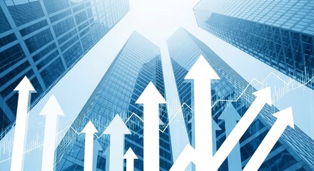 Multiple upward arrows in front of modern skyscrapers, symbolizing business growth, financial success, and economic progress