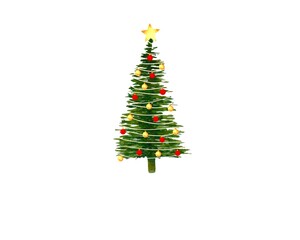Watercolor festive Christmas tree decorated with red yellow balls garland golden star on top hand drawn isolated on white background