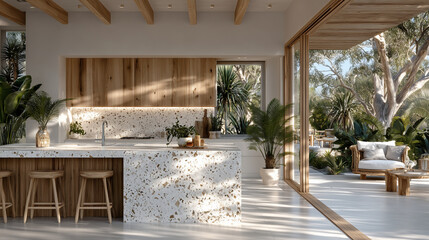 Bright open-plan kitchen, sleek light timber cabinets, polished concrete floors, potted ferns on countertops, huge picture windows illuminating the space, cozy hygge-inspired desig