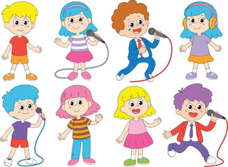 Cheerful cartoon children singing with microphones, a diverse group of boys and girls in vibrant outfits, expressing joy and happiness, perfect for illustrating music or childhood themes
