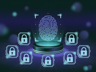 Futuristic digital fingerprint authentication with padlocks, cybersecurity and data protection concept illustration in glowing neon blue security technology background