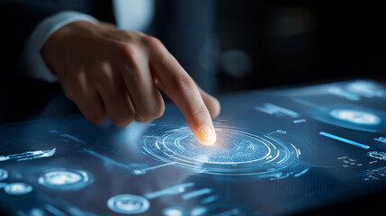 futuristic holographic touchscreen with businessman interacting, glowing UI design, stock photography