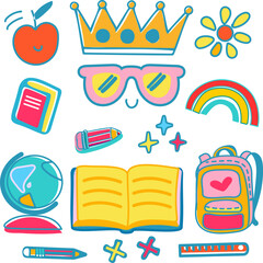Different hand drawn school supplies labels set drawing isolated gold crown apple pen pencil notebook globe smile face symbols retro Vibes style groovy for banner cards brochure cover concept vector