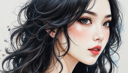 Naklejka premium 긴 어두운 머리가 바람에 흩날리고 화려한 아이 메이크업을 한 한국 여성의 그림