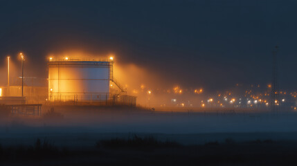 Dimly lit industrial scene, rusty LNG storage tank towering in the shadows, a glowing amber warning sign illuminated by a focused lamp, mist swirling in the dark background