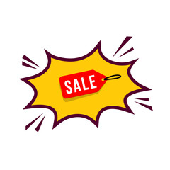 Red sale tag on a yellow burst background