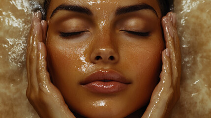 Woman enjoying a relaxing facial treatment at a spa with glowing skin and hands gently cupping her face