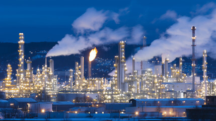 Aerial view at twilight, gas flare glowing like a torch over complex refinery, angular silhouettes of industrial machinery, smoke mixing with deepening blue sky