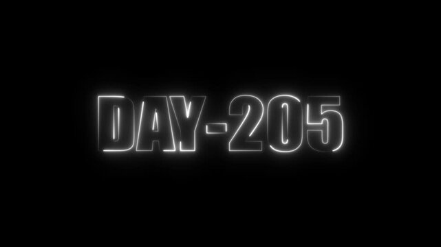 Neon text day-205 animation on black background.calender, text,number, days, date, countdown neon text concept.