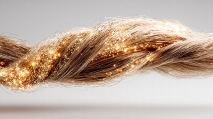 This elegant image presents a braid of golden hair, sparkling and shining with light.
