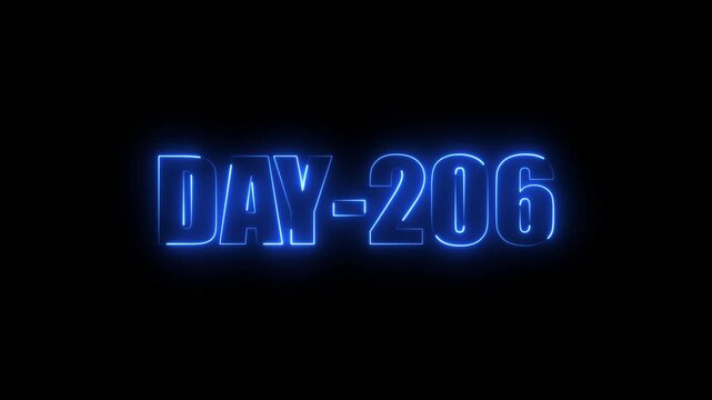 Neon text day-206 animation on black background.calender, text,number, days, date, countdown neon text concept.