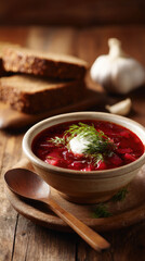 A steaming bowl of traditional Russian borscht, the deep red beet soup served with a dollop of sour cream on top, fresh dill sprinkled for garnish