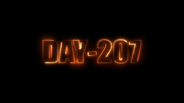 Neon text day-207 animation on black background.calender, text,number, days, date, countdown neon text concept.