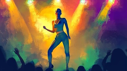 Energetic dancer on stage under colorful spotlights