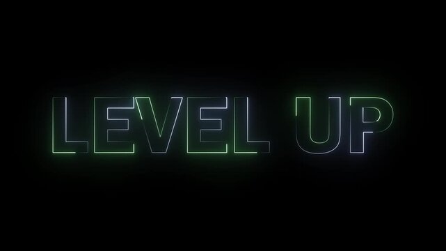 Neon glowing Level up text sign animation, neon colorful text sign level up animated on black background.