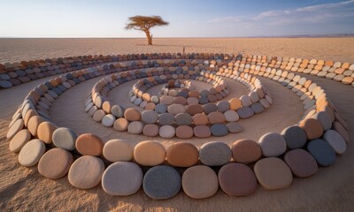 Obraz premium Stone spiral in desert with distant tree, soft light and shallow depth of field