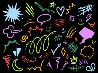 Set of colorful abstract doodle elements on a black background. Hand drawn comic style shapes, speech bubbles, and scribbles for vibrant and energetic design projects.