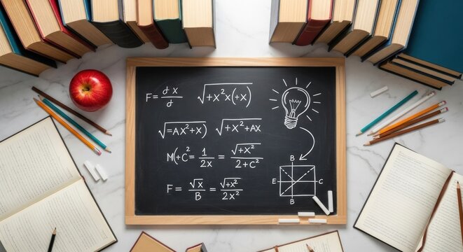 Study scene chalkboard with formulas surrounded by books, apple, open notebooks