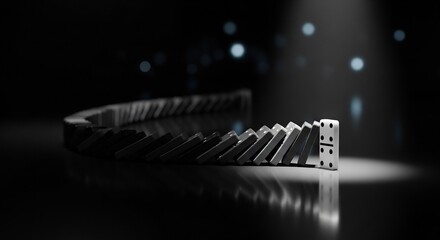 Dramatic domino effect illustration. Perfect for showcasing cause and effect, strategic planning, risk management, decision-making, or a chain reaction concept.