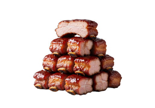 Bite-sized pork riblets with thick, glossy BBQ glaze and caramelized edges, piled neatly against a seamless transparent studio background, macro shot with bokeh, concept of culinary perfection
