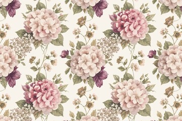 Elegant floral wallpaper with seamless luxury pattern featuring delicate hydrangeas and gypsophila in soft pink, beige, purple, and white tones. Ideal for weddings, interiors, and high-quality fabric