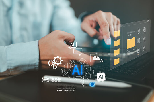 Professional using AI-powered file management system with digital folders and artificial intelligence icons. Modern workplace technology showing automated document organization and smart filing.