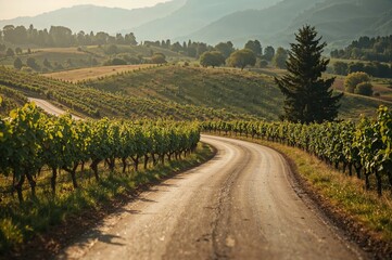 Fototapeta premium A rural pathway meandering through grape fields.