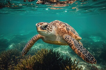 Obraz premium Close-up of a turtle underwater.