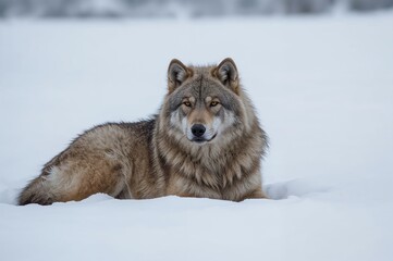 Naklejka premium A gray wolf rests on snowy ground with a white backdrop.
