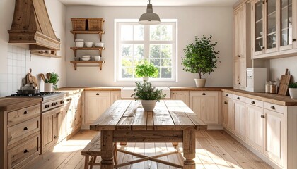 Interior of kitchen in vintage rustic style with wooden furniture in a cottage. Bright and welcoming design