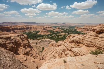 Bird's-eye perspectives of arid rock formations near a desert oasis in a northwestern territory