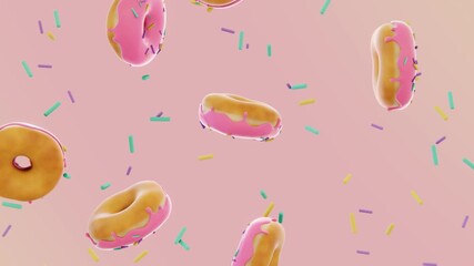 Falling horizontal 3D glazed donuts loop animation frosted icing pink menu food pastry cafeteria patisserie advertisement sale backgrounds festival birthday banner confetti wallpaper sweet sugar treat