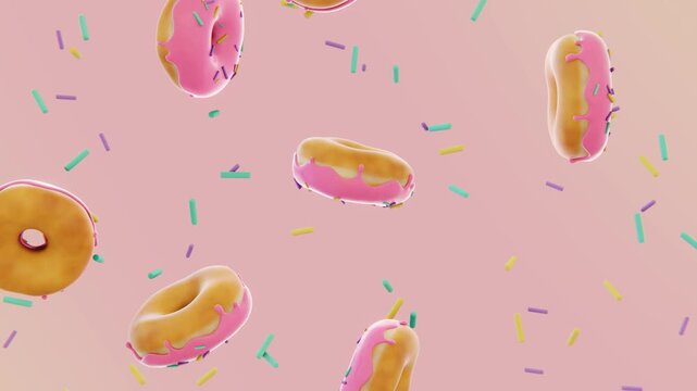 Falling horizontal 3D glazed donuts loop animation frosted icing pink menu food pastry cafeteria patisserie advertisement sale backgrounds festival birthday banner confetti wallpaper sweet sugar treat