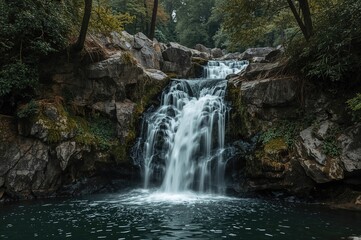 Obraz premium A vertical view of a stunning waterfall encircled by dark moss-covered stones.